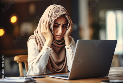 A mature Arab woman looks stressed and overwhelmed at a laptop and holds his hand to his head