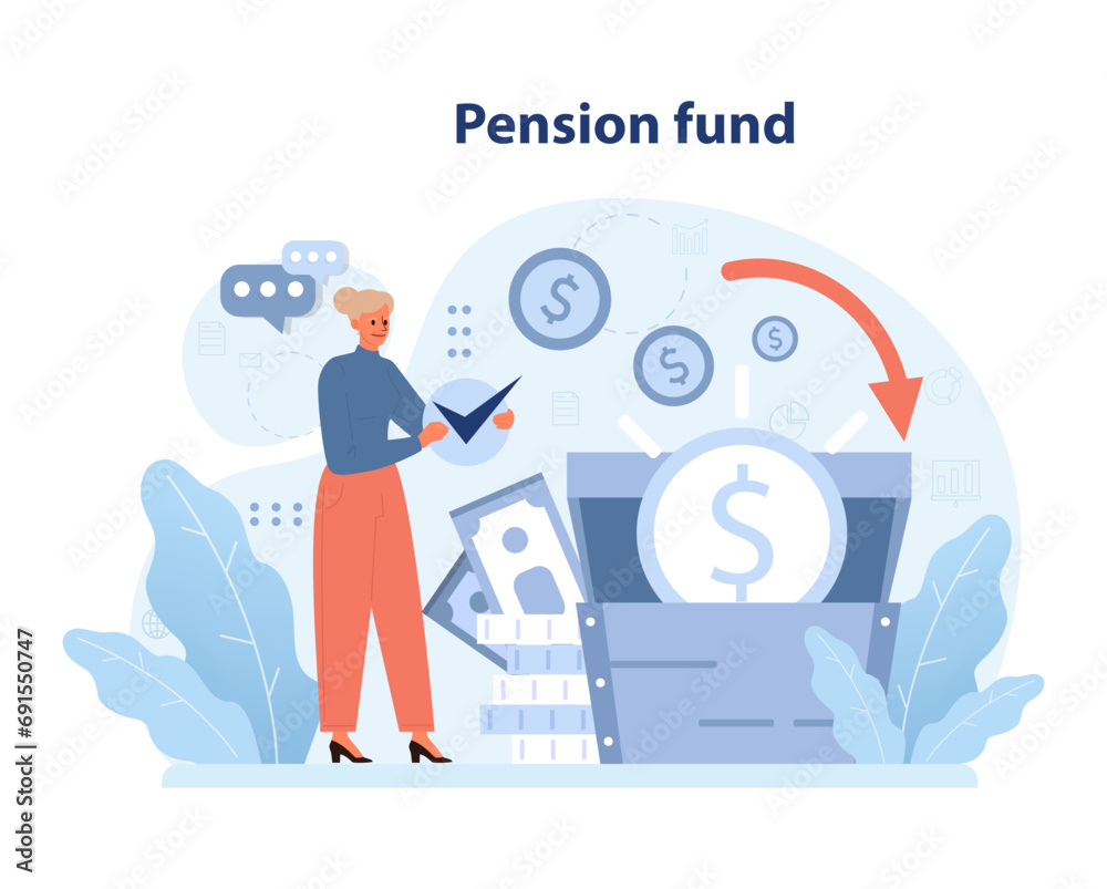 Pension Fund concept. Elderly woman reviews a growing financial portfolio, surrounded by money icons and financial elements. Planning for a secure retirement. Flat vector illustration. Pension Fund concept. Elderly woman reviews a growing financial portfolio, surrounded by money icons and financial elements. Planning for a secure retirement. Flat vector illustration.