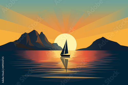 Sailboat sails against the backdrop of beautiful mountains and sunset. Simple flat vector illustration of a sailing yacht with beautiful mountains and sunset in the background.