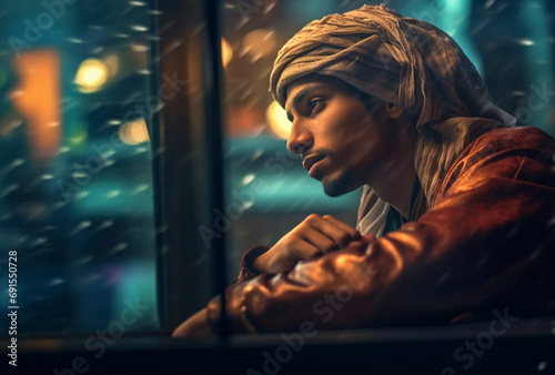 A young arab man sits at a window looking thoughtful and desperate