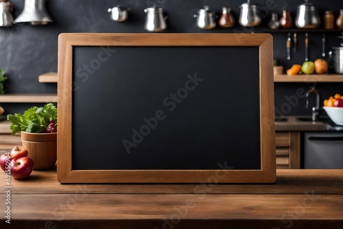 Blank blackboard on wooden table and blurred kitchen background for display or montage your products