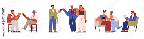 Journalists and reporters interviewing quests, flat vector illustration.
