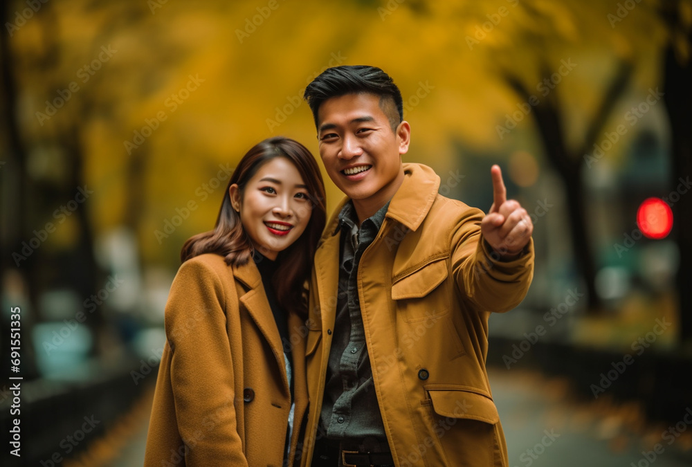 Attractive asian couple pointing index fingers towards camera
