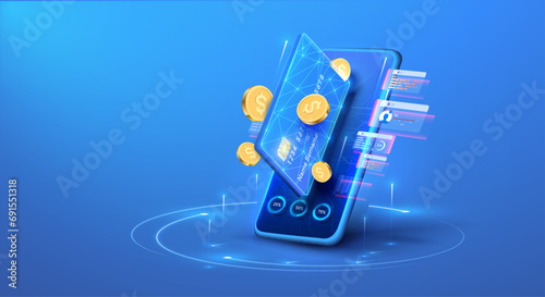 Online banking concept. Credit card payment. 3D phone. Digital money pay. Online bank wallet. Digital technology transfer pay. Vector illustration