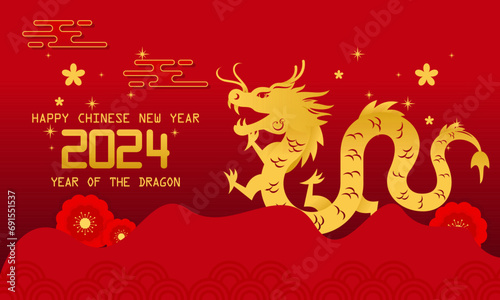 Happy Lunar New Year  Chinese New Year 2024  Year of the Dragon Zodiac with Chinese Dragon Gold on a Red Background