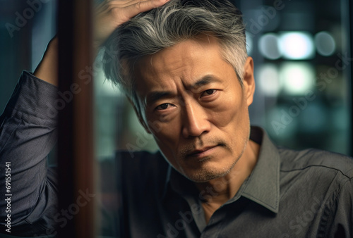 A mature asian man sits at a window looking thoughtful and desperate