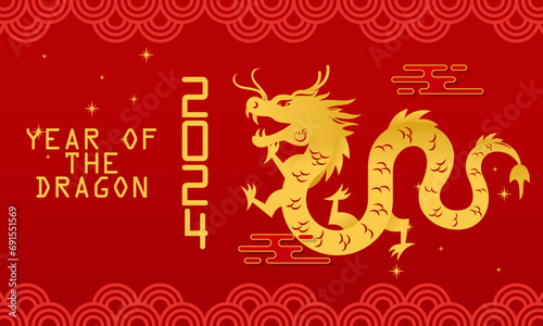 Happy Lunar New Year  Chinese New Year 2024  Year of the Dragon Zodiac with Chinese Dragon Gold on a Red Background