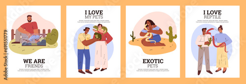 Owners love, take care of their exotic pets reptiles, frog and lizard, guana, snakes and chameleon vector posters set