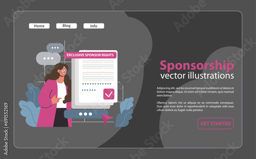 Delving into sponsorship. Woman with magnifying glass scrutinizes the concept, while emotive icons hover around. Laptop aids research. Insights, commitment, and passion at play. vector illustration