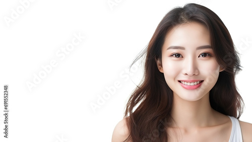 Closeup portrait of beauty asian woman with fair perfect healthy glow skin isolated on white, young beautiful asia girl with pretty smile on face. Beauty korean spa skincare banner, copy space photo