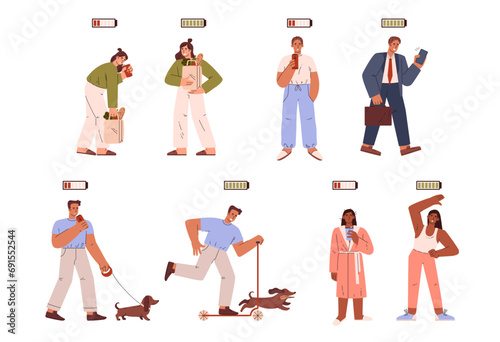 Tired, sleepy persons drinking an energy drink, full of power vitality active people, high and low battery vector set