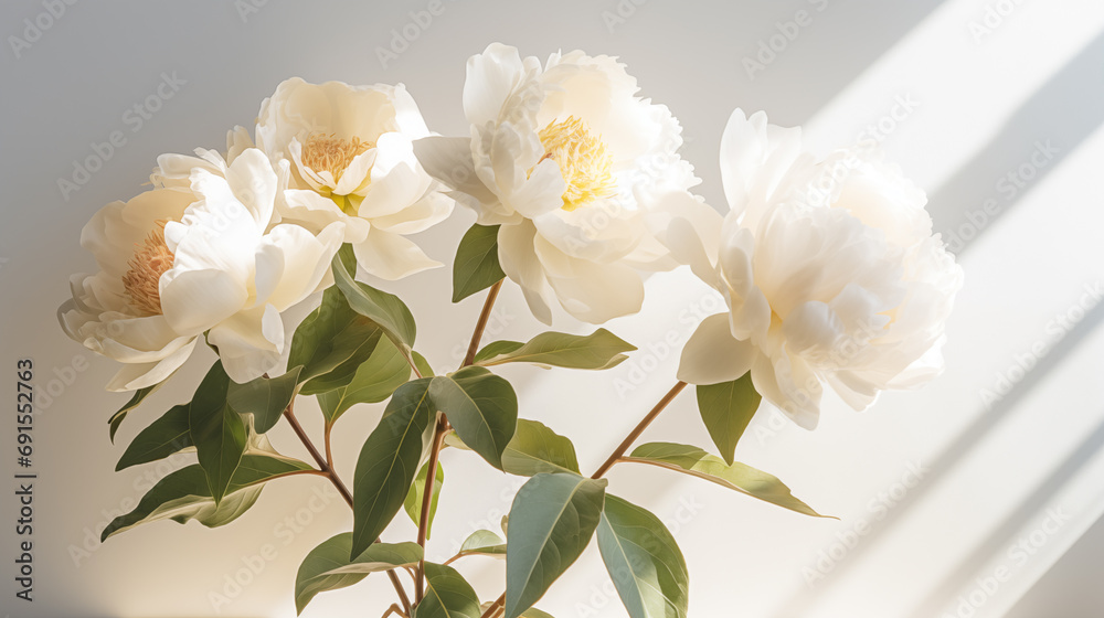 Obraz premium Bouquet of stylish peonies close-up. White peony flowers. Close-up of flower petals. Floral greeting card or wallpaper. Delicate abstract floral pastel background. Greeting card. Generated AI