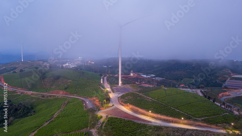 Beautiful landscape in the morning at Cau Dat, Da Lat city, Lam Dong province. Wind power on tea hill, morning scenery on the hillside of tea planted