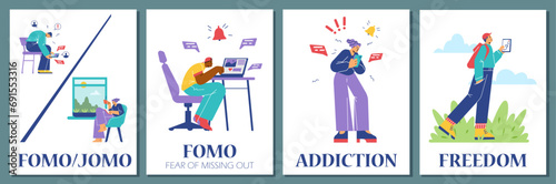 FOMO or Fear and JOMO Joy of Missing Out banners, flat vector illustration.