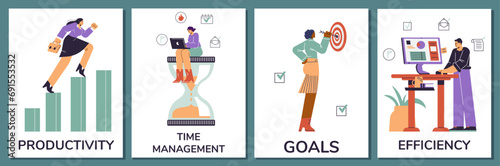Collection of people successfully organizing their efficiency and productivity, effective time management posters set