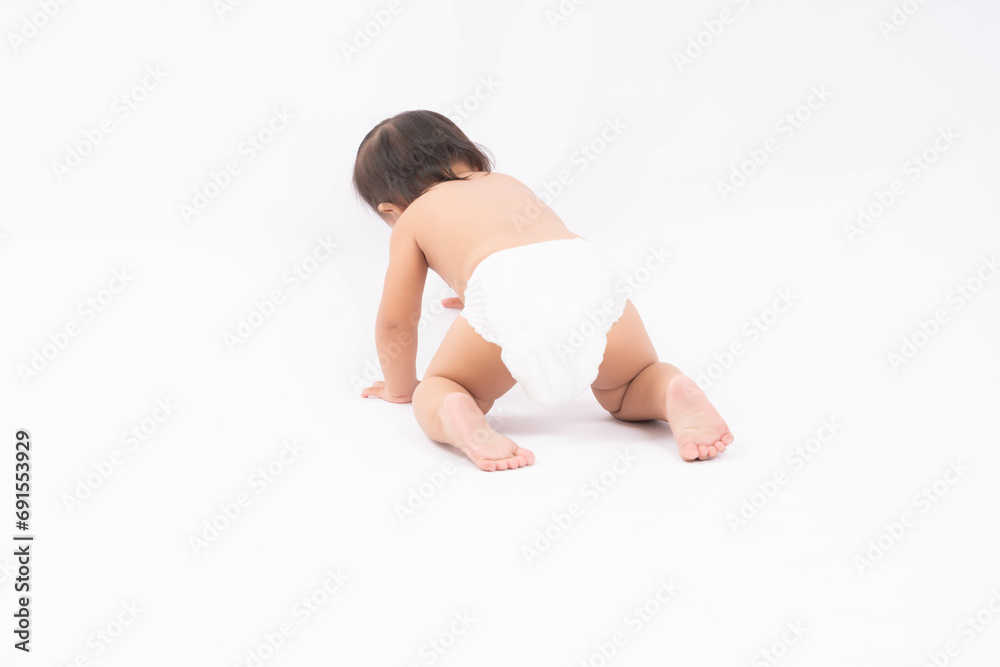 Cute asian baby toddler crawling on floor to learn to crawl with isolated on white background Adorable baby keeping her hands and legs put on the floor to crawl fun and happiness Toddler wear diapers Cute asian baby toddler crawling on floor to learn to crawl with isolated on white background Adorable baby keeping her hands and legs put on the floor to crawl fun and happiness Toddler wear diapers