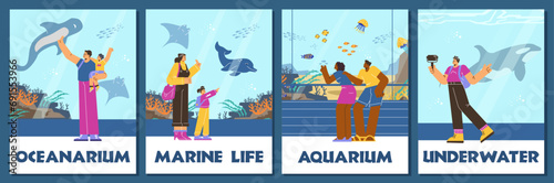 People watching underwater scenery with marine flora and fauna in giant oceanarium, aquarium excursion vector poster set