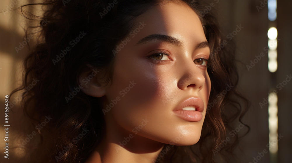 The golden hour casts a warm glow on a woman's exquisite features, her Peach Fuzz 2024 color makeup echoing the richness of the fading day. The golden hour casts a warm glow on a woman's exquisite features, her Peach Fuzz 2024 color makeup echoing the richness of the fading day.