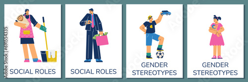 Set of posters or vertical banners about social roles and gender stereotypes