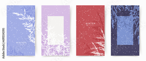 Winter floral background templates with snow texture. Elegant Christmas vector design, frame for social media post and story, card, cover, wedding invitation, poster, mobile apps, web advertising
