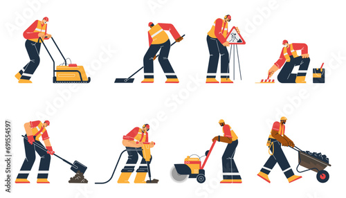 Workers repair the asphalt road surface using machine and hand tools, road works cartoon vector illustration set