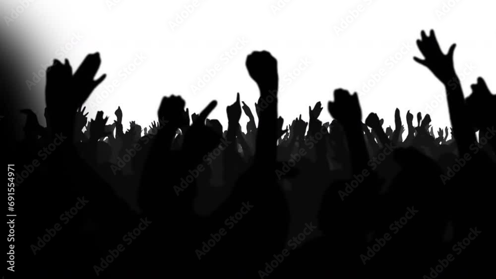 
Green Screen: Big Crowd of People Having Fun, Cheering, Applauding, Jumping and Celebrating at Sport Event, Concert, Festival, Party. Black Screen, Silhouette White On Black, Alpha Matte.