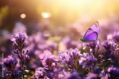 Beautiful wild violet flowers with butterfly on sunny spring meadow