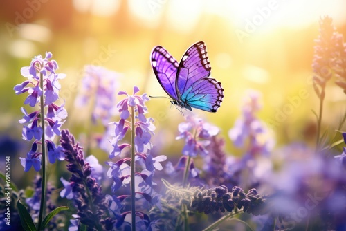 Beautiful wild violet flowers with butterfly on sunny spring meadow