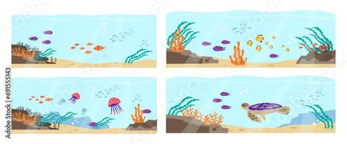 Snorkeling and diving banners and flyers bundle flat cartoon vector illustration.