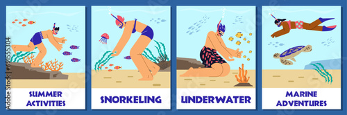 Snorkeling activity, people in diving mask swimming in sea observing fauna of coral reef, marine adventures vector set