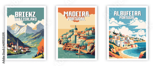 Brienz, Madeira, Albufeira Illustration Art. Travel Poster Wall Art. Minimalist Vector art. photo