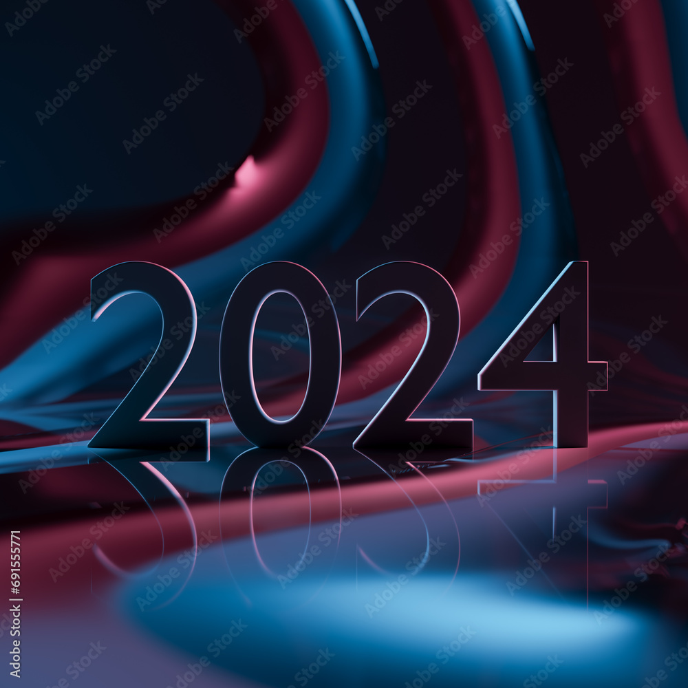 Close up of neon number 2024 on colorful abstract background. Happy new year. 3D rendering.