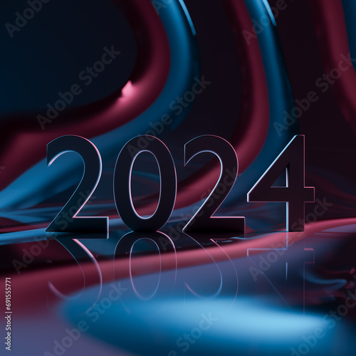 Close up of neon number 2024 on colorful abstract background. Happy new year. 3D rendering.