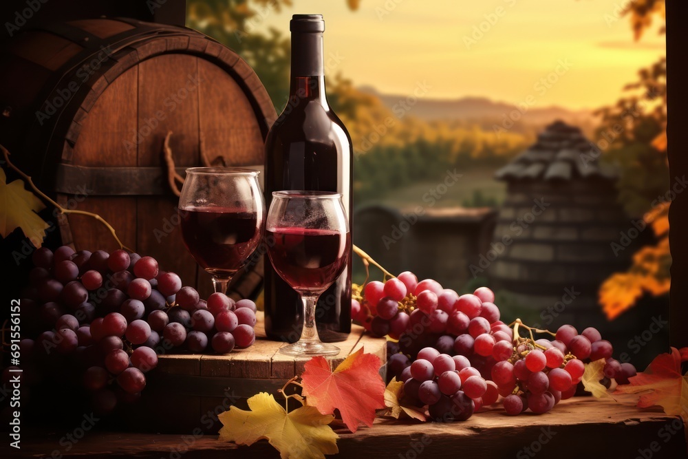 Bottles And Wineglasses With Grapes And Barrel In Rural Scene