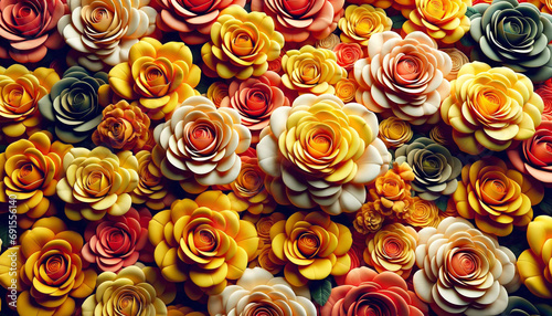 Multicolored Flower Background. Floral Wallpaper with Yellow  Orange and Red Roses. 3D Render 