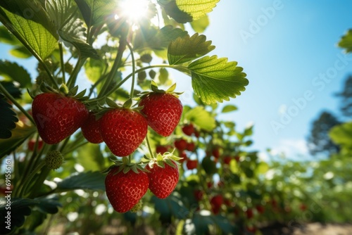 strawberry grow in the orchard garden in sunny day.