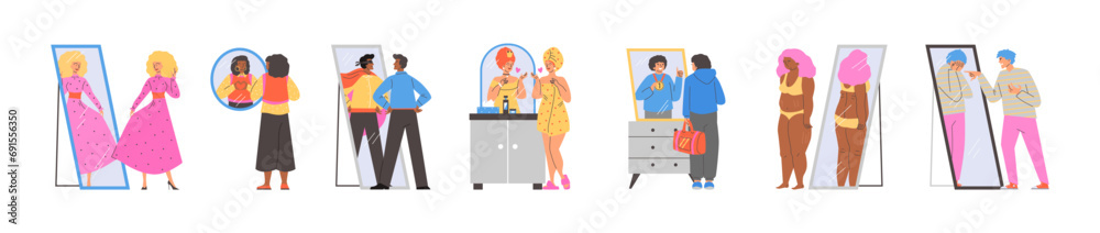 People looking at fake mirror reflection and dreaming to be successful, some people are disappointed vector cartoon set