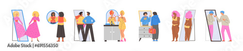 People looking at fake mirror reflection and dreaming to be successful, some people are disappointed vector cartoon set
