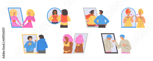 People looking at fake mirror reflection and dreaming to be successful, some people are frustrated vector cartoon set
