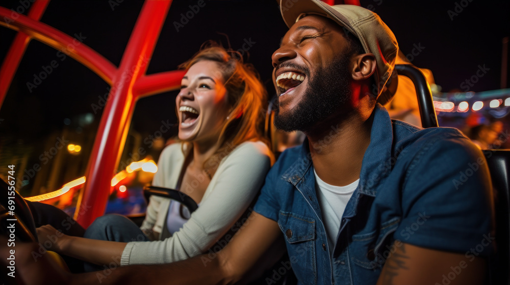 Nighttime Roller Coaster Ride: Riders' faces lit up with excitement as they experience the ride in the dark