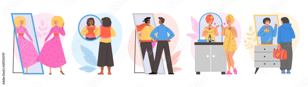 People looking at fake mirror reflection and dreaming to be successful, some people are disappointed vector cartoon set - obrazy, fototapety, plakaty 