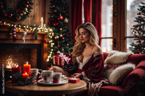 A woman in comfortable Christmas lingerie, enjoy a morning coffee in festively decorated living room. Essence of a peaceful holiday morning.