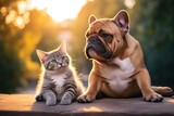Cat and dog together outdoors. Fluffy friends. funny French buldog puppy