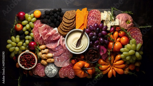 Halloween Charcuterie Board made of cookies, pumpkin, cream, biscuits, fruits, meat, bacon, grapes, berries, banana, orange, apple on wooden baord photo