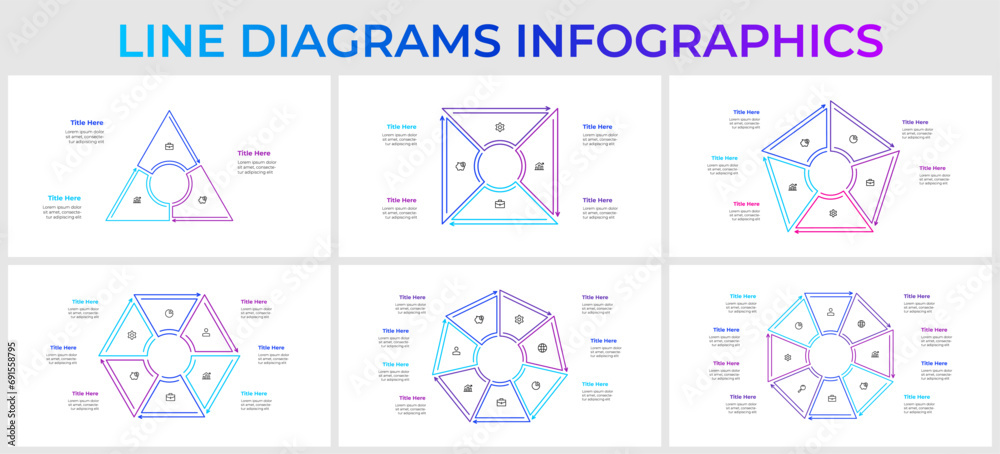 Geometric cycle diagrams with 3, 4, 5, 6, 7 and 8 options, steps or processes. Infographic template