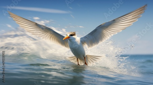 A seagull with its wings spread out over the ocean.