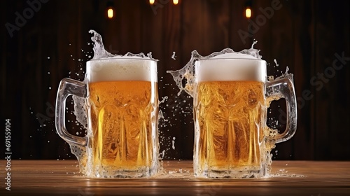 Beer glass on wooden background. Mug of gold beer photo