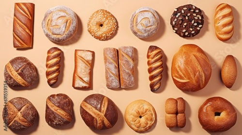 Various bakery products handmade on beige background. Creative layout with bread, buns, croissant, bread loaves and pretzels. Flat Modern minimal food photography.