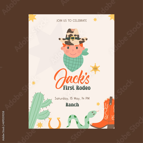 Hand drawn wild west cowboy party invitation, first rodeo poster