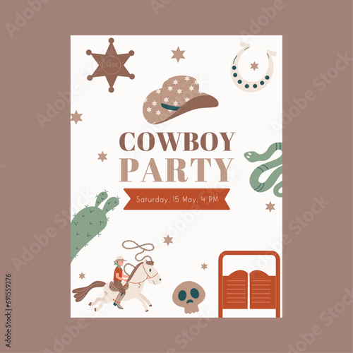 Flat style wild west party cowboy invitation